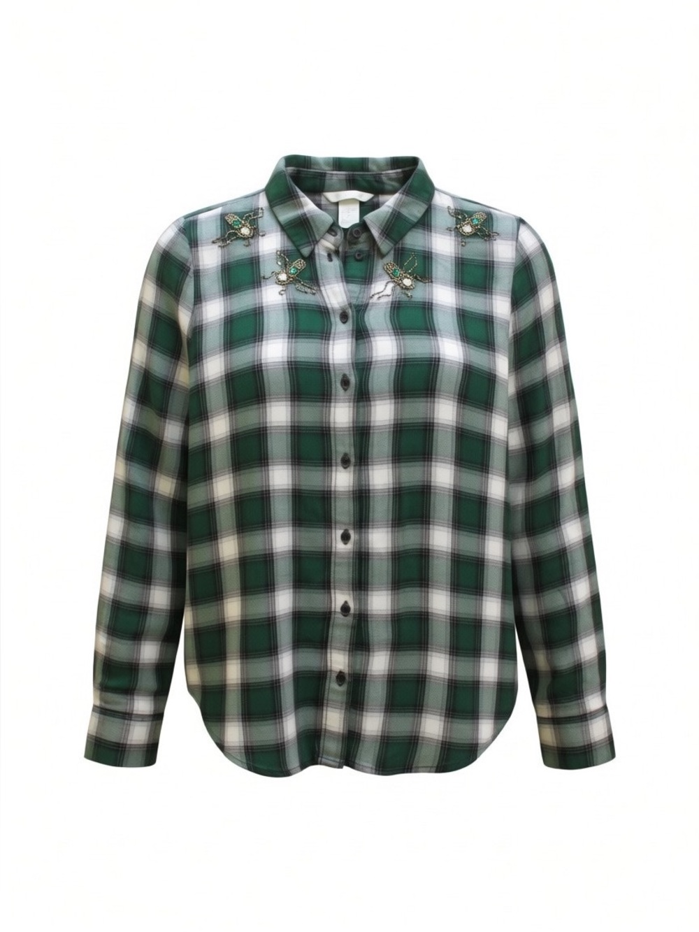 H&M Green White Plaid Button Down Shirt Hand Beaded Jewel Beetles Sz 10 Vintage